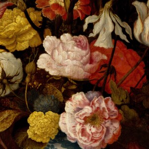 May include: A still life painting featuring a vibrant bouquet of flowers. The arrangement includes large, open roses in shades of pink, yellow, and red, alongside white and yellow blossoms. The flowers are set against a dark background, with a glimpse of a blue and white vase.