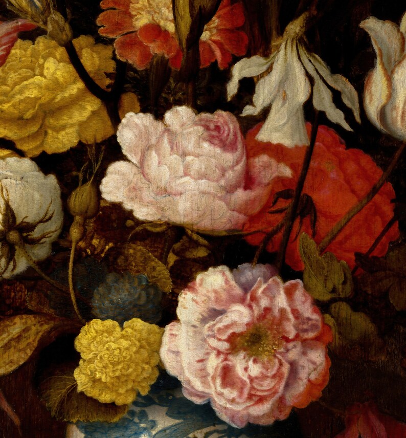 May include: A still life painting featuring a vibrant bouquet of flowers. The arrangement includes large, open roses in shades of pink, yellow, and red, alongside white and yellow blossoms. The flowers are set against a dark background, with a glimpse of a blue and white vase.
