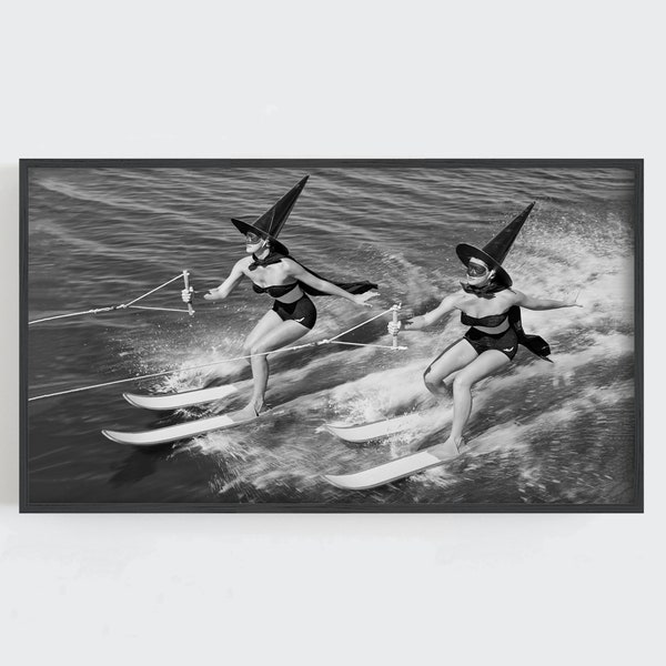 Waterskiing Witches, Samsung Frame TV Art, Halloween Wall Art, Black and White, Witch Wall Art, Vintage Wall Art, Funny Wall Art, DOWNLOAD