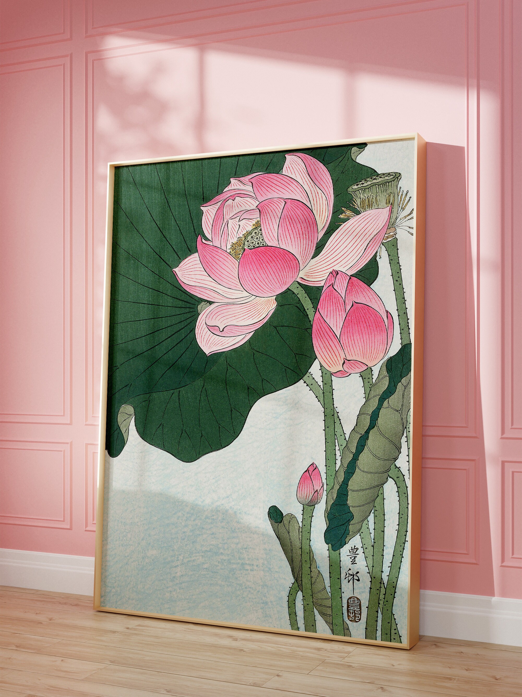 Vintage Japanese Lotus Flower Art Print: Antique Pink Floral Wall