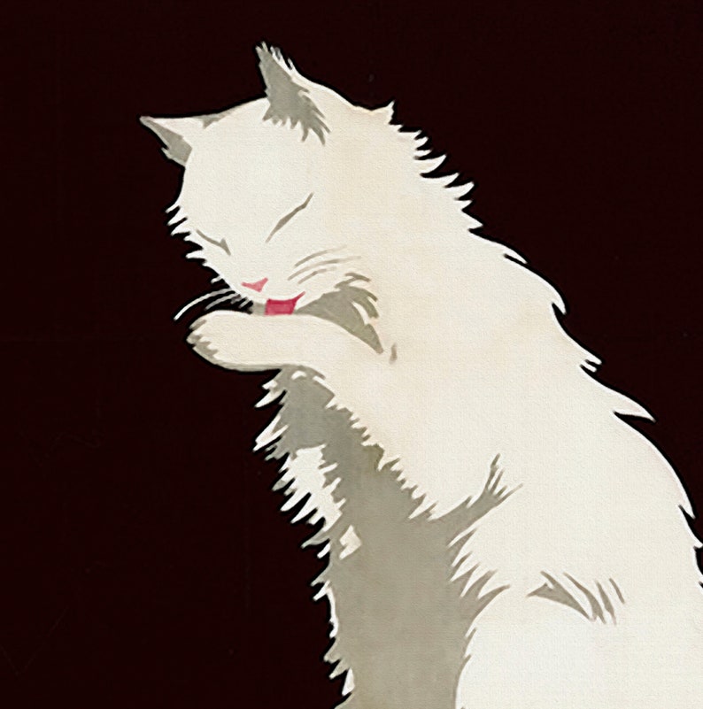May include: A white cat illustration on a dark brown background. The cat is depicted grooming itself, with its eyes closed and tongue visible. The cat's fur is fluffy and detailed, with a pink nose and tongue.