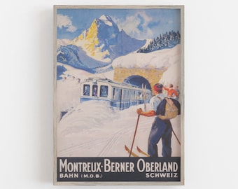 Vintage Switzerland Ski Poster: Montreux-Berner Oberland Travel Print (Digital Download)