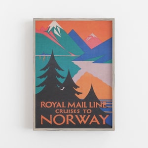 Sztuka ścienna Norwegia, Sztuka ścienna w stylu vintage, Plakat podróżniczy Norwegia, Kolorowa sztuka ścienna, POBIERANIE CYFROWE, Sztuka ścienna do druku, Duża sztuka ścienna