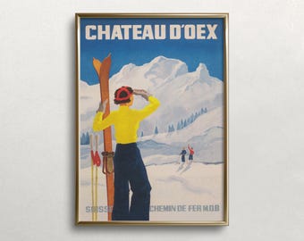 Puede incluir: Un póster de viaje de estilo vintage con el texto CHATEAU D'OEX y SUISSE CHEMIN DE FER M.O.B. La ilustración muestra a una persona esquiando con un suéter amarillo y pantalones oscuros, sosteniendo esquís frente a un paisaje de montaña nevado.