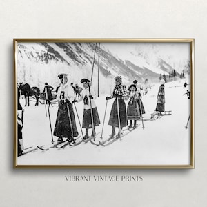 Victorian Women Skiers, Black and White Art, Vintage Ski Art, Vintage Ski Print, Winter Wall Art, DIGITAL DOWNLOAD, PRINTABLE Wall Art