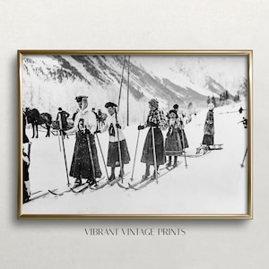 Esquiadoras victorianas, Arte en blanco y negro, Arte de esquí vintage, Impresión de esquí vintage, Arte de pared de invierno, DESCARGA DIGITAL, Arte de pared IMPRIMIBLE