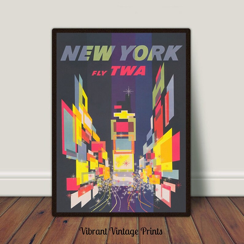 May include: A vintage travel poster advertising flights to New York City with TWA. The poster features a stylized image of the city skyline at night with bright lights and a star-filled sky. The text "NEW YORK FLY TWA" is displayed in bold, colorful letters.