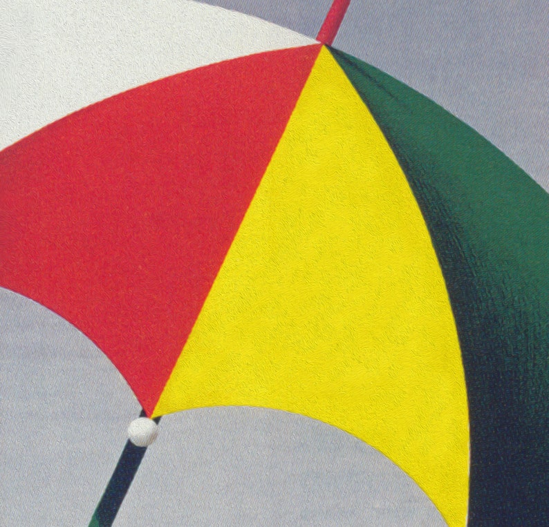 May include: A multi-coloured umbrella with a segmented design. The umbrella has panels of red, yellow, green, and white. The handle is black with a white ball at the top. The background is grey.