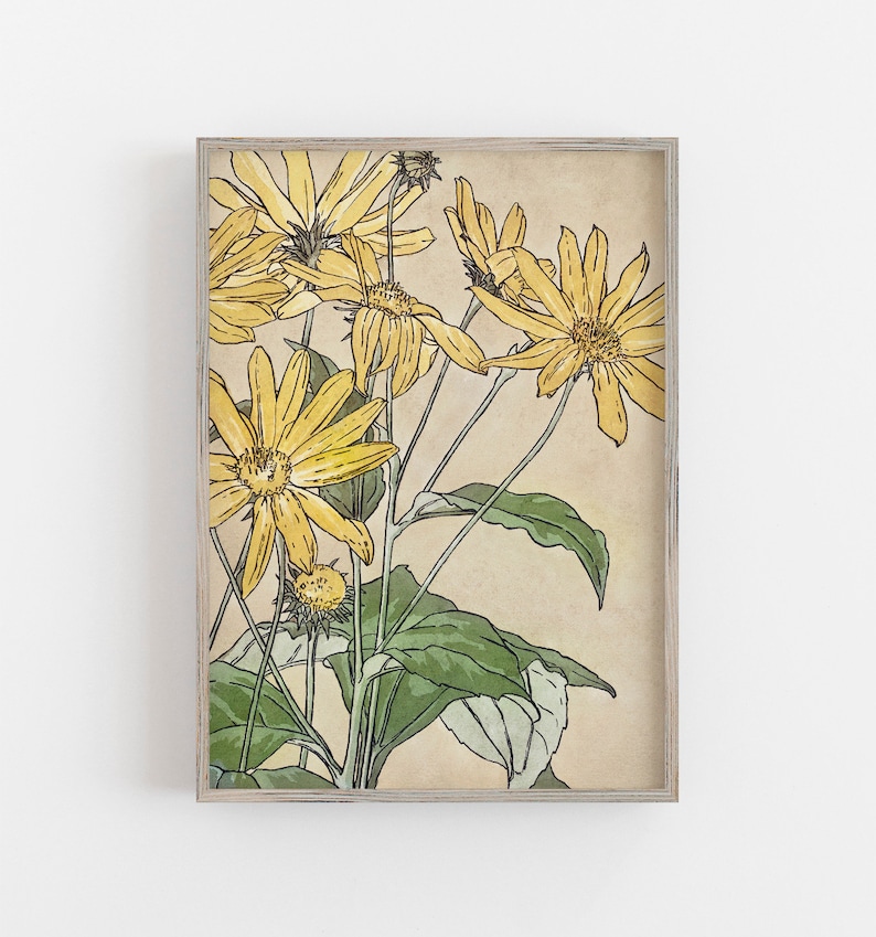 May include: A framed print of a botanical illustration featuring a cluster of yellow flowers with green leaves on a beige background.