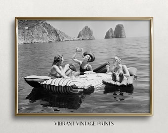 Mujeres comiendo pasta en el lago, arte en blanco y negro, arte de pared vintage, arte divertido, picnic de pasta en el lago, picnic en el lago, DESCARGAR, arte IMPRIMIBLE