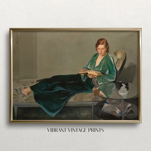 May include: A painting of a woman in a green velvet robe sitting on a chaise lounge and reading a book. The woman has red hair and is wearing a gold bracelet. The painting is set in a room with a table and a vase of flowers.