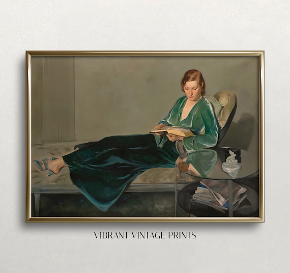 Vintage Woman Reading Art Print: Emerald Green Pajamas (Digital Download)