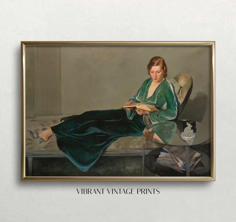 May include: A painting of a woman in a green velvet robe sitting on a chaise lounge and reading a book. The woman has red hair and is wearing a gold bracelet. The painting is set in a room with a table and a vase of flowers.
