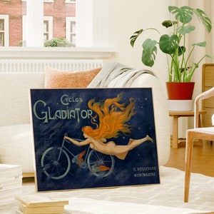 May include: Vintage advertisement poster for Gladiator Cycles. The poster features a woman with flowing red hair riding a bicycle against a dark blue starry sky. The text "Cycles Gladiator" is in a white box at the top of the poster. The text "18, Boulevard Montmartre" is at the bottom of the poster.