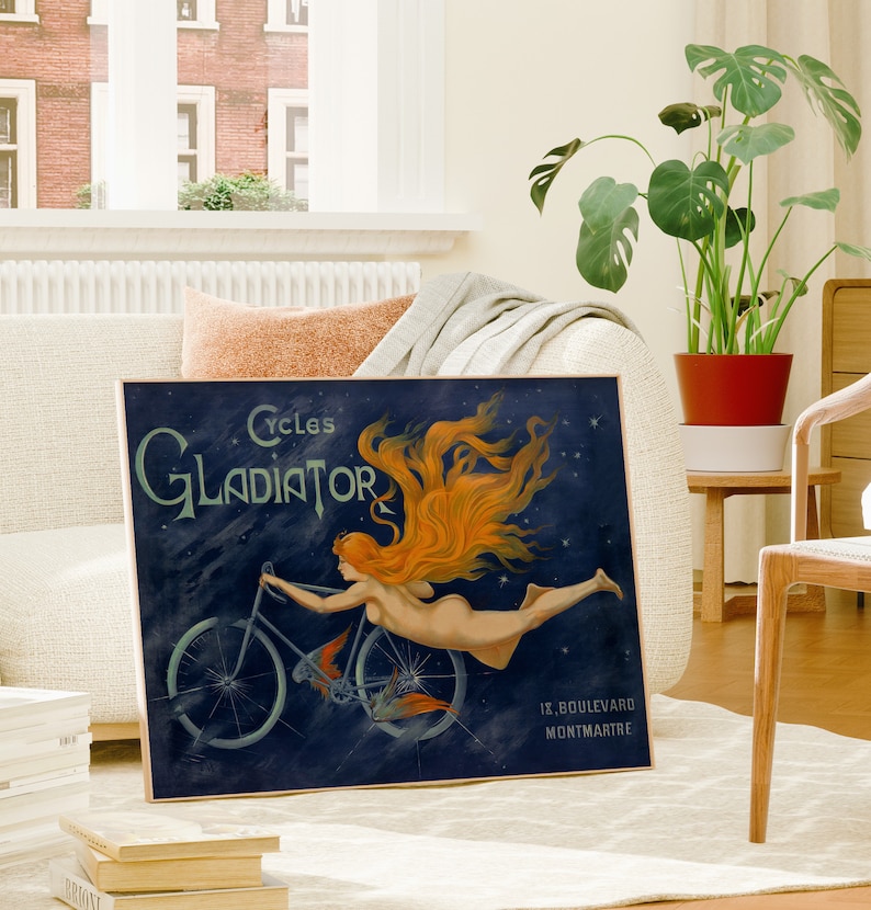May include: Vintage advertisement poster for Gladiator Cycles. The poster features a woman with flowing red hair riding a bicycle against a dark blue starry sky. The text "Cycles Gladiator" is in a white box at the top of the poster. The text "18, Boulevard Montmartre" is at the bottom of the poster.