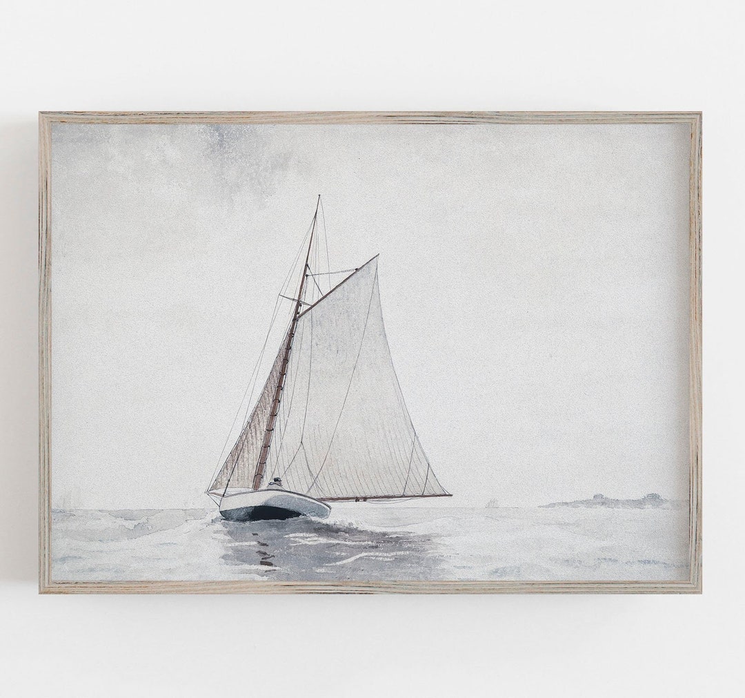 Muted Neutral Sailboat Art | Vintage Wall Art | Seascape Print ...