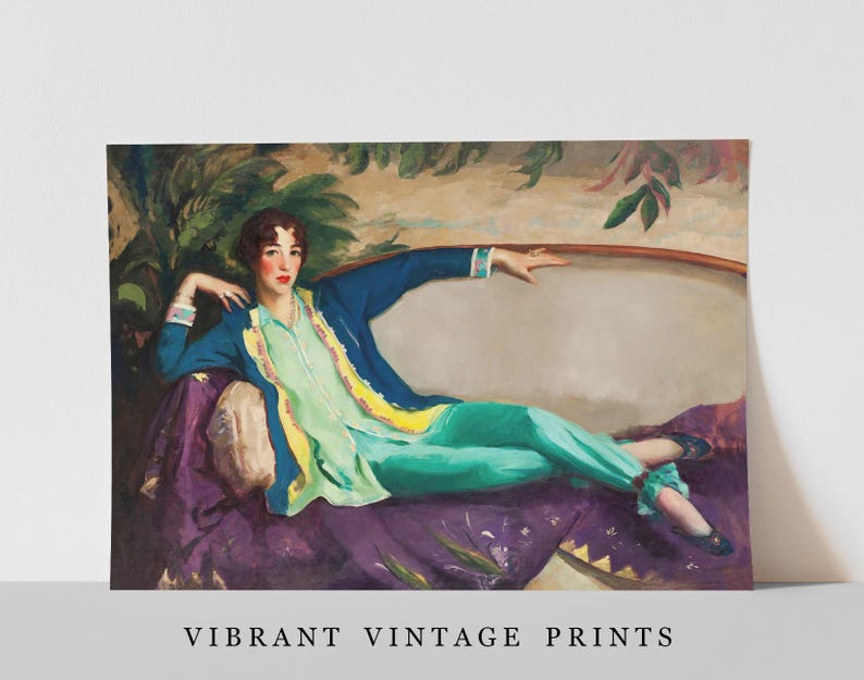 Woman Portrait Vintage Wall Art Relaxing on Couch Colorful Wall Art