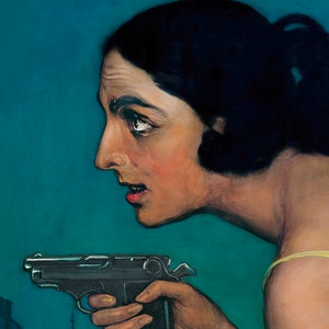 Mujer con pistola / Arte mural oscuro y melancólico / Retrato vintage de mujer / Arte mural ecléctico / Decoración de pared maximalista / Arte mural imprimible n.° 269 imagen 10