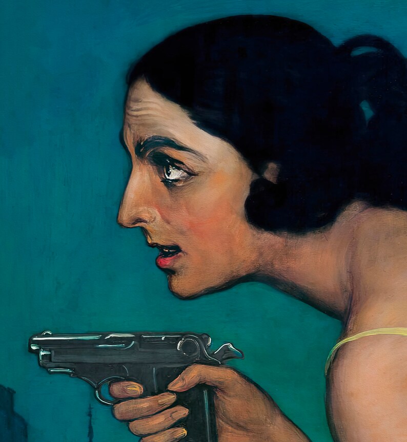 Mujer con pistola / Arte mural oscuro y melancólico / Retrato vintage de mujer / Arte mural ecléctico / Decoración de pared maximalista / Arte mural imprimible n.° 269 imagen 10