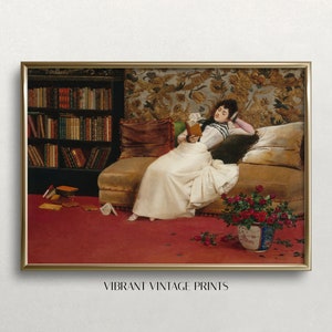 Vintage Woman Reading in Library Art Print (Digital Download)