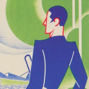 May include: An art deco style illustration featuring a person in a blue suit, with a red outline on the face and hair. The background includes green and white shapes, and a landscape with buildings and mountains.