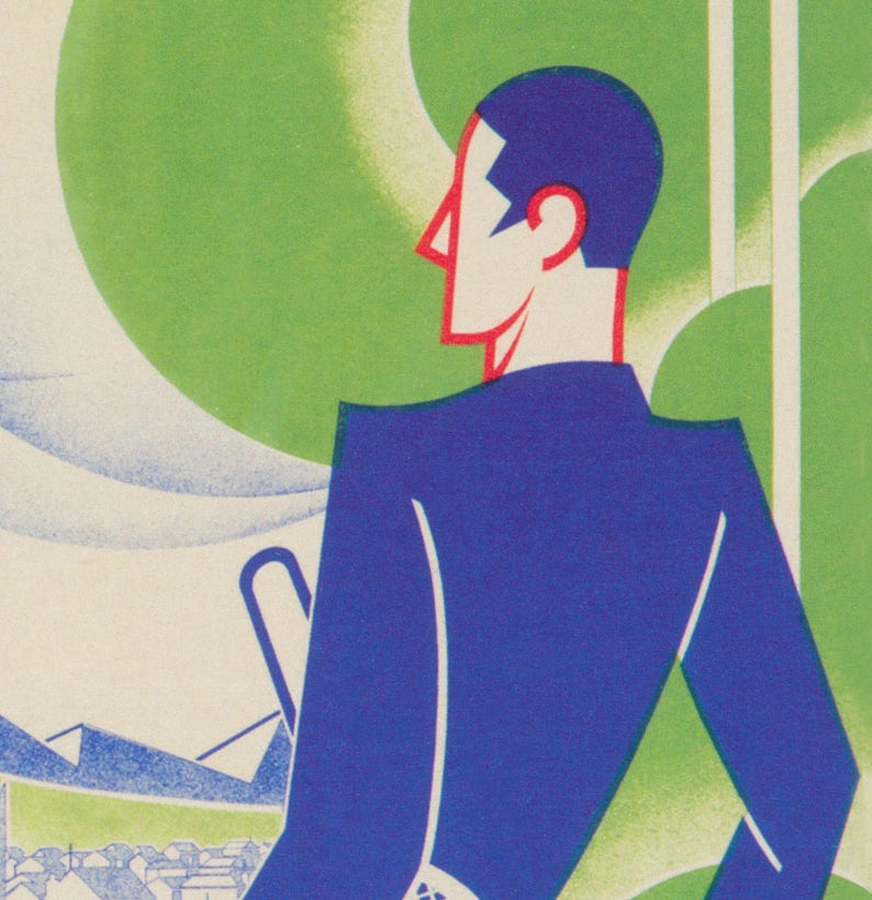May include: An art deco style illustration featuring a person in a blue suit, with a red outline on the face and hair. The background includes green and white shapes, and a landscape with buildings and mountains.