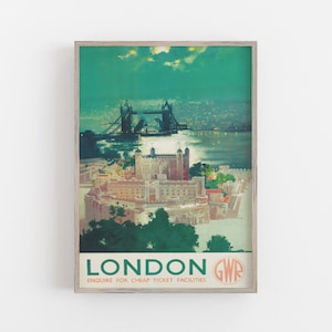 May include: Vintage travel poster advertising a trip to London, England. The poster features a green and blue illustration of the Tower Bridge and Tower of London. The text on the poster reads "London GWR Enquire for cheap ticket facilities".