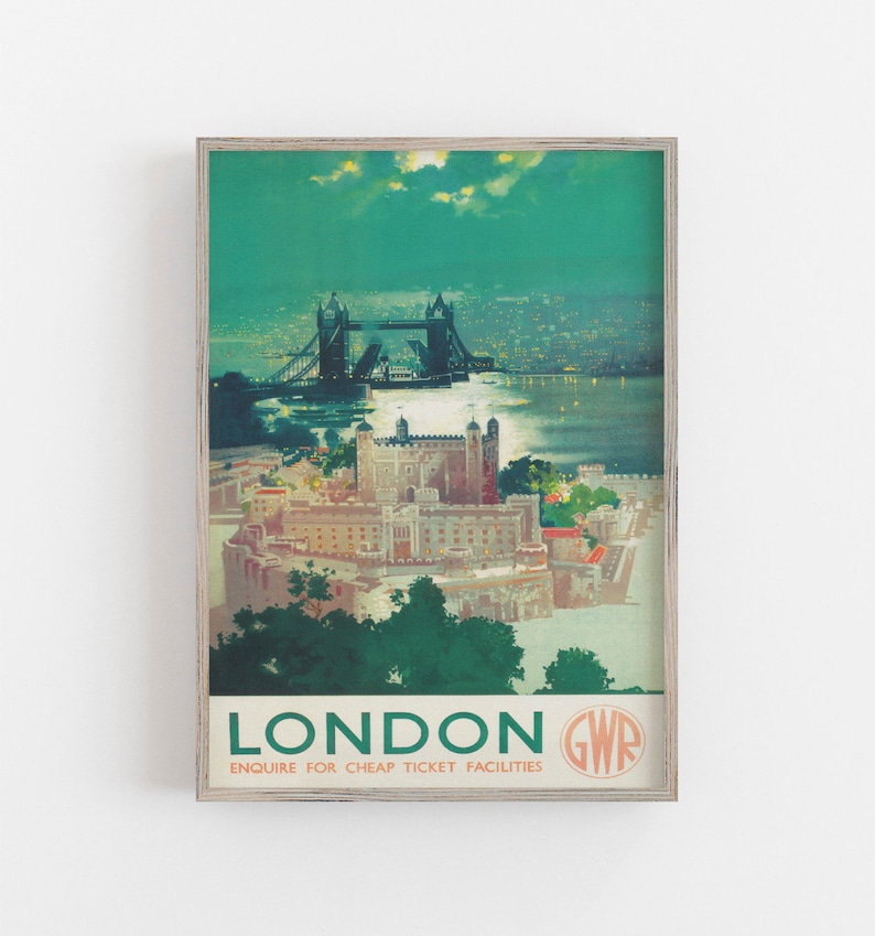 May include: Vintage travel poster advertising a trip to London, England. The poster features a green and blue illustration of the Tower Bridge and Tower of London. The text on the poster reads "London GWR Enquire for cheap ticket facilities".