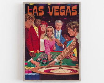 May include: A vintage poster advertising Las Vegas with a group of people playing roulette at a casino table. The poster has a dark background with colorful lights and the text "LAS VEGAS" in orange letters.