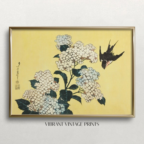 Hydrangea Wall Art | Japanese Woodblock Print | Vintage Wall Art | Hydrangea and Swallow | Botanical Print | DOWNLOAD | PRINTABLE Art #278
