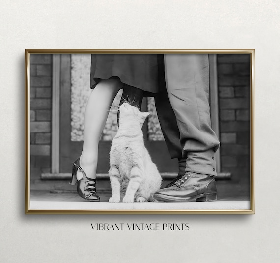 Vintage Cat Art Print: Black and White Couple Photo (Digital Download)