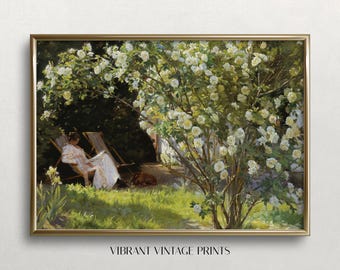 Vintage Rose Garden Print: Woman Reading, 19th Century Art (Download)