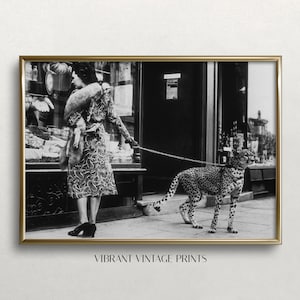 Leopard on Leash, Black and White Art, Vintage Wall Art, Leopard Wall Art, Woman and Leopard, Digital DOWNLOAD, PRINTABLE Art, Large Art
