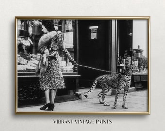Leopard on Leash Vintage Art Print: Black and White Wall Decor (Digital Download)