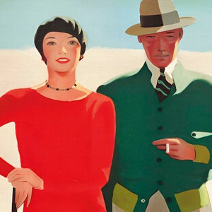 May include: An art deco style painting of a woman in a red dress and a man in a green suit and hat. The woman wears a black beaded necklace and a black cap. The man is holding a cigarette.