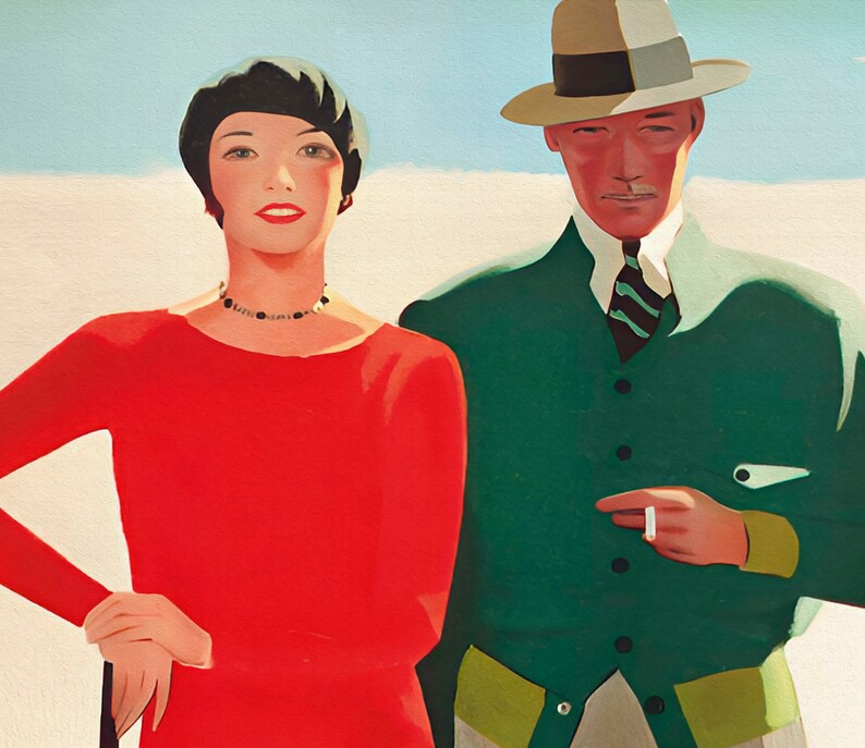 May include: An art deco style painting of a woman in a red dress and a man in a green suit and hat. The woman wears a black beaded necklace and a black cap. The man is holding a cigarette.