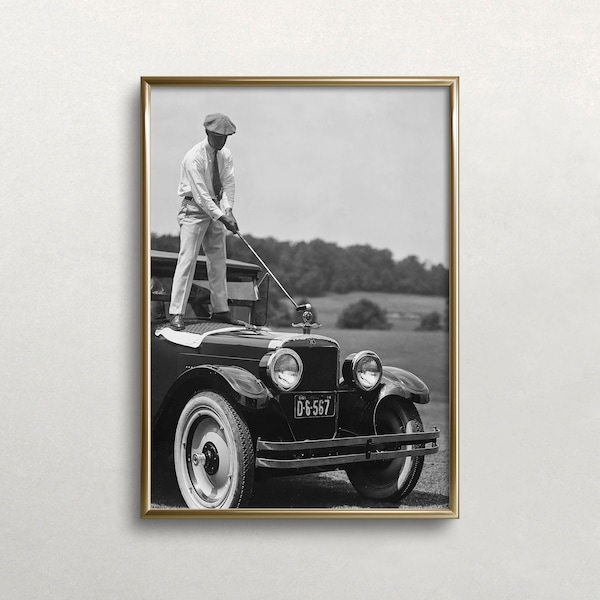 Golfer auf Auto, Golf Wandkunst, schwarz weiß Kunst, Vintage Wandkunst, lustige Wandkunst, antikes Auto Digital DOWNLOAD, DRUCKBARE Wandkunst