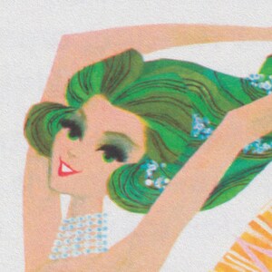 May include: A woman with long green hair and a pearl necklace. She is wearing a white top and has a bright red smile.
