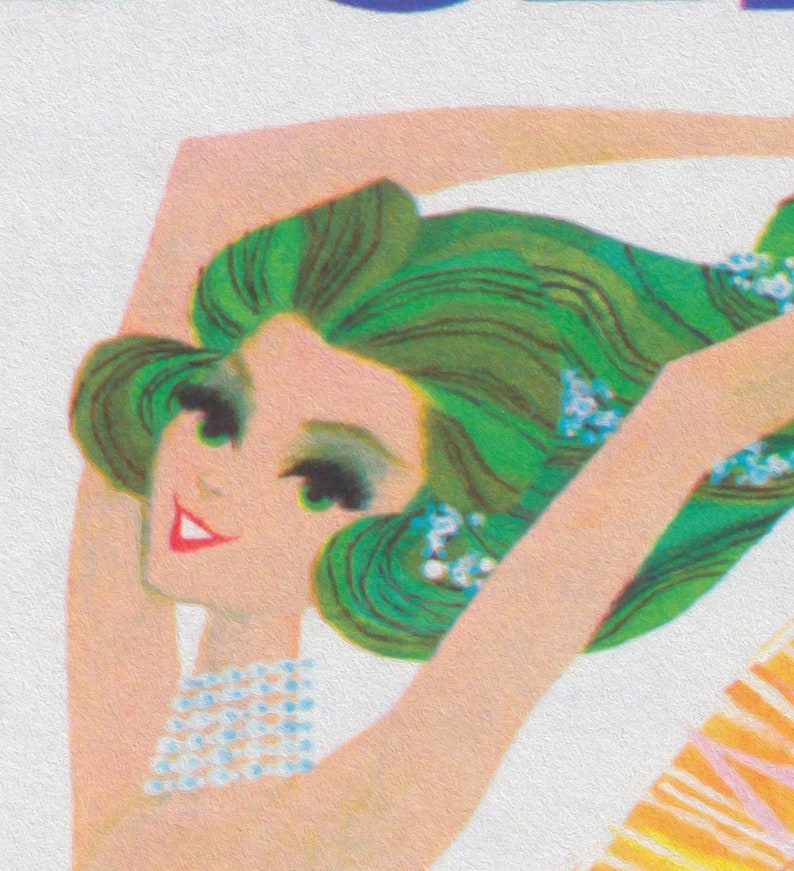 May include: A woman with long green hair and a pearl necklace. She is wearing a white top and has a bright red smile.