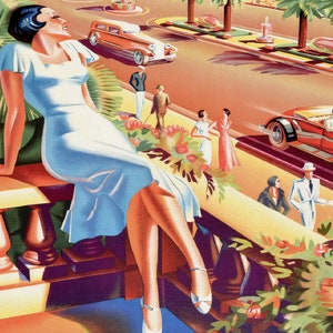 Puede incluir: Ilustraci&oacute;n retro de una mujer con un vestido azul claro, sentada en un balc&oacute;n con vistas a una calle con coches antiguos y personas. La obra de arte tiene una paleta de colores c&aacute;lidos, con palmeras y acentos florales.