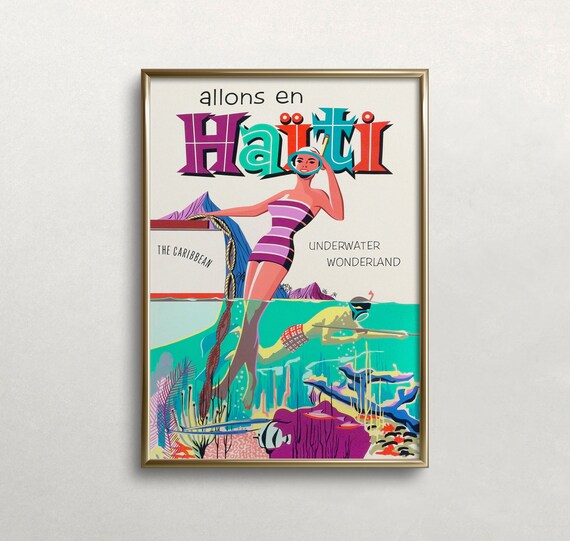 Vintage Haiti Travel Poster, Caribbean Water Sports Print (Digital Download)