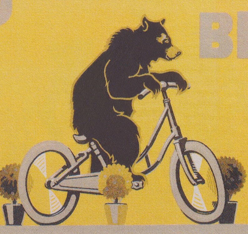 Op de afbeelding: Een zwarte beer fietst op een gele achtergrond. De fiets is grijs en heeft grote wielen. Twee potplanten en een zonnebloem staan bij de fiets. Het woord "BE" is zichtbaar op de achtergrond.