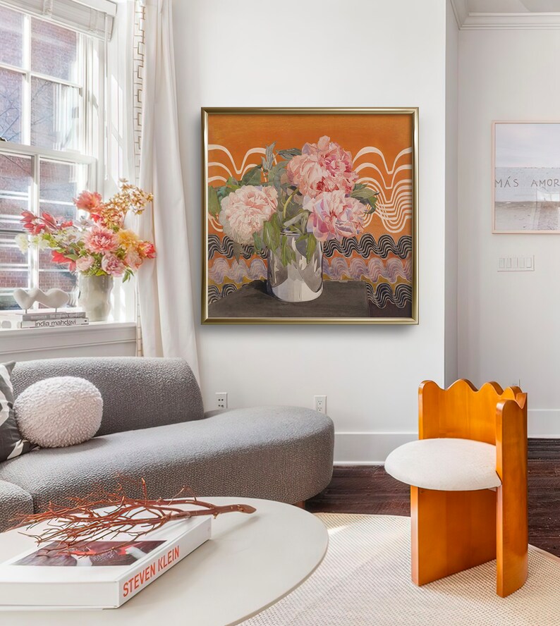 May include: A framed painting of pink peonies in a silver vase against a background of orange and black geometric patterns.