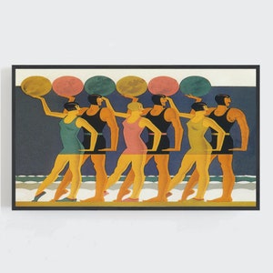 May include: A framed art print featuring a stylized illustration of six figures in swimwear. Each figure is holding a colorful orb above their head. The figures are in motion, with a blue and white background.