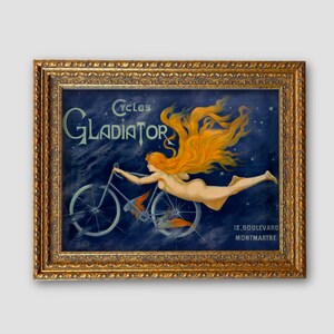 May include: A vintage advertisement for Gladiator Cycles featuring a woman riding a bicycle against a starry night sky. The text reads "Cycles Gladiator 18, Boulevard Montmartre".