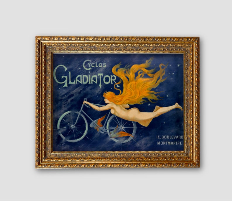 May include: A vintage advertisement for Gladiator Cycles featuring a woman riding a bicycle against a starry night sky. The text reads "Cycles Gladiator 18, Boulevard Montmartre".