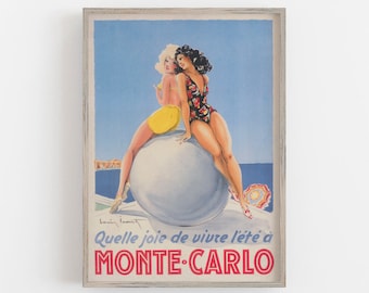 Monte Carlo Vintage Travel Poster: Monaco Beach Art (Digital Download)