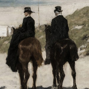 May include: An oil painting depicts two figures on horseback, viewed from behind, against a coastal backdrop. The riders, dressed in black, wear hats. The horses are dark brown and black. The scene is set on a sandy beach with a light blue sky.