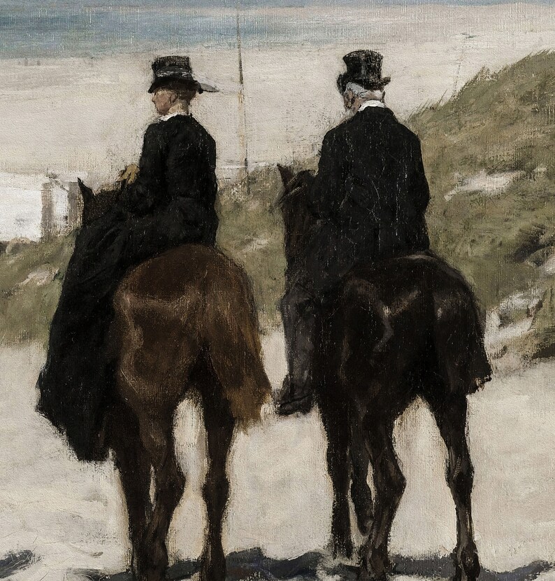 May include: An oil painting depicts two figures on horseback, viewed from behind, against a coastal backdrop. The riders, dressed in black, wear hats. The horses are dark brown and black. The scene is set on a sandy beach with a light blue sky.