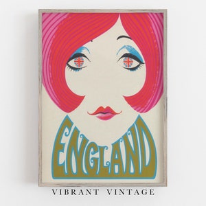 Art de voyage en Angleterre, affiche de voyage vintage, fille mod, décoration murale rétro, art Union Jack, art fille groovy, téléchargement numérique, art mural imprimable